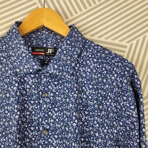 J. Ferrar Floral Button Up XL Shirt Blue Long Sleeve Slim Fit Stretch Profession